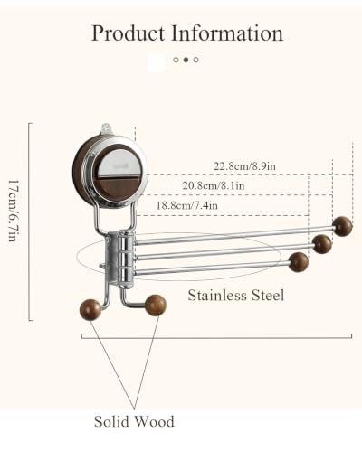 No-Drill Suction Cup Towel Bar 3 Arm 180° Rotating, Stainless Steel & Wood Knobs Suction Towel Bar, Wall Mounted Towel Rack for Bathroom Kitchen, Reusable