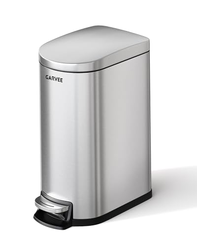 Garvee 2.6 gal / 10 L Stainless Steel Bathroom Trash Can with Lid, Slim Waterproof Garbage Can for Bedroom, Small Step-on Metal Trash Bin with Inner Bucket, Rear Handle, Soft Close Lid, Silver - color: Silver, size: 2.6 Gallons