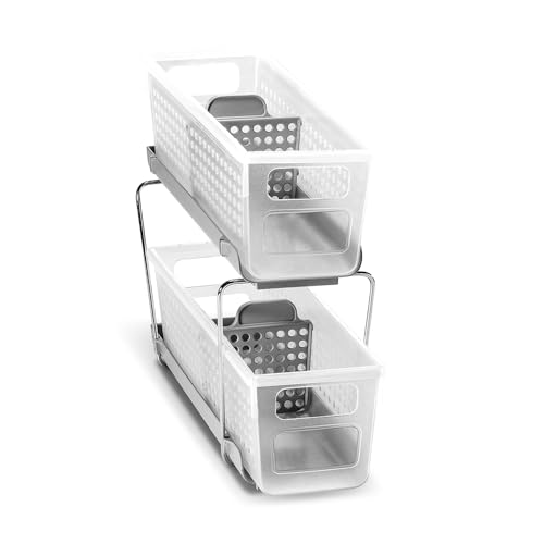 madesmart Compact Two Tier Organizer, Frost | pull out bins, adjustable dividers, tiered access, cleaning supplies, under sink use, pantry bottles, woman owned