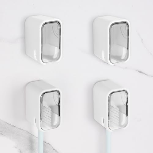 4 Pack Toothbrush Holders for Bathrooms Shower, Wall Mount Toothbrush Organizer with Cover, Self Adhesive Electric Toothbrush Storage, Quick Dry Toothbrush Hanger (Grey) - color: Grey