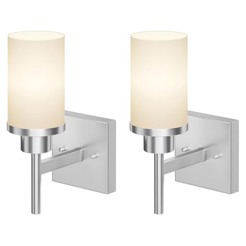 Bathroom Light Fixtures Brushed Nickel Vanity Lights with White Frosted Glass Shade, Wall Lamp for Mirror Kitchen Bedroom Porch, 2 Pack T001BR-L1-P2 - color: Brushed Nickel, size: 1-Light (2 Pack)