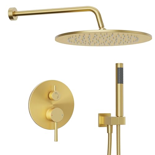 Gabrylly Shower System, 10" Wall Mounted Shower Faucet Set, Brushed Gold | Rain Shower Head with Handheld Spray Combo, All Metal Rainfall Shower Head Complete Set Shower Mixer Valve for Bathroom - color: Gold