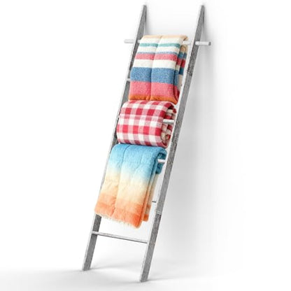 Farmhouse Wooden Blanket Ladder Living Room White 6-Tier | Blanket Rack Decorative Stand with Removable Hooks, Leaning Towel Quilt Rack Holder - color: White