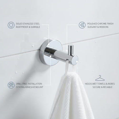 Wall Hook Stainless Steel Adhesive Mount for Bathroom Tile and Glass, Drill-Free Holder for Wet Towels and Robes (1 Piece) - size: 2.64 x 1.97 x 2.44 in