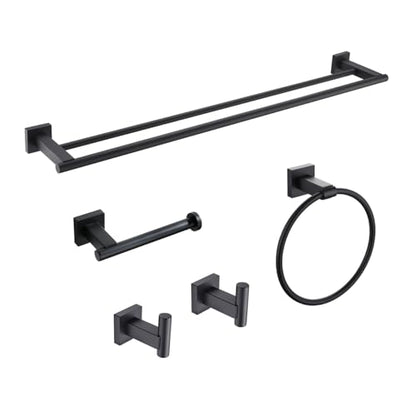 Miyili Matte Black 5-Piece Bathroom Hardware Kit Set Stainless Steel Wall Mount - Includes Double Towel Bar, Hand Towel Rack, Toilet Paper Holder, 2X Robe Hook, BS02B5 - color: Matte Black