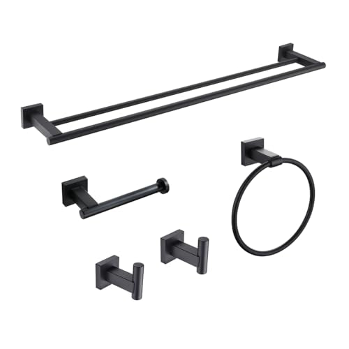 Miyili Matte Black 5-Piece Bathroom Hardware Kit Set Stainless Steel Wall Mount - Includes Double Towel Bar, Hand Towel Rack, Toilet Paper Holder, 2X Robe Hook, BS02B5 - color: Matte Black