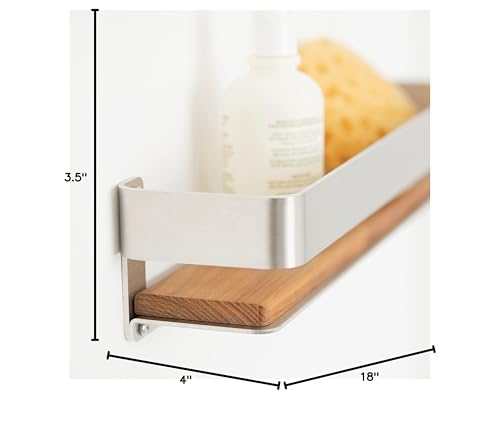 Seachrome Rectangular Shower Shelf with Rail in a Matte Black Finish and Natural Teak Wood Insert - color: Matte Black