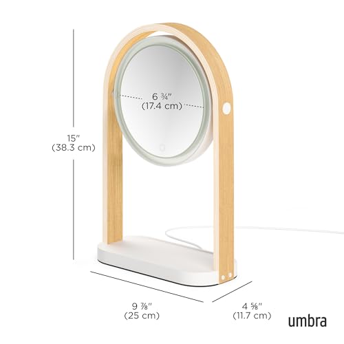 Umbra Bellwood Vanity Mirror, LED Double-Sided Magnifying, White/Natural | Glass frame, three light temperatures, touch sensor dimming, integrated storage tray, USB-C powered