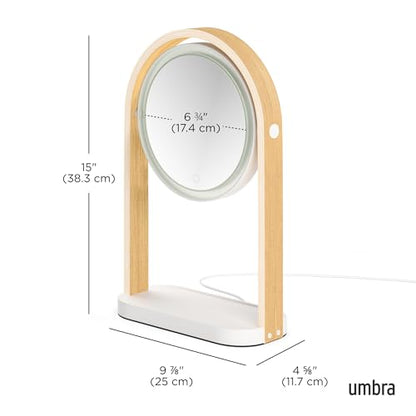 Umbra Bellwood Vanity Mirror, LED Double-Sided Magnifying, White/Natural | Glass frame, three light temperatures, touch sensor dimming, integrated storage tray, USB-C powered