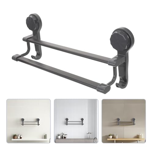 Lurrose Double Pole Suction Cup Towel Rack 40cm No Drill Wall Mount Towel Holder Gunmetal Gray Bathroom Kitchen