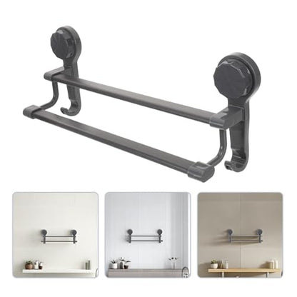 Lurrose Double Pole Suction Cup Towel Rack 40cm No Drill Wall Mount Towel Holder Gunmetal Gray Bathroom Kitchen