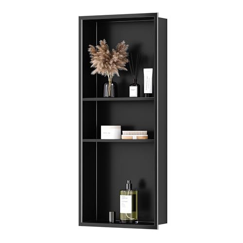 Qeke Stainless Steel Shower Niche 12" X 30", 3-Tiers Wall Niche, Black | No tile Needed, Recessed Niche for Bathroom Storage,Waterproof & Space Saving, Over Mount Installation - color: Matte Black, size: 12" × 30"