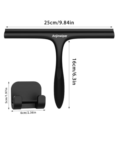 Shower Squeegee for Glass Doors 10 Inch, Black Bathroom Squeegee with Hook | Rust-Proof, Streak Free, All-Purpose Window Squeegee for Shower Glass, Tile Walls, Car, Ergonomic Grip, Silicone Squeegees - color: All Black