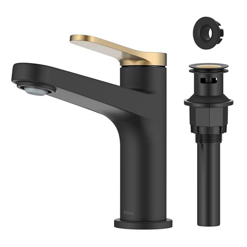 KRAUS Indy Single Handle One Hole Bathroom Sink Faucet in Spot-Free Brushed Brass/Matte Black, KBF-1411SFBBMB - color: Spot Free Brushed Brass/Matte Black, style: Basin + Pop-Up Drain