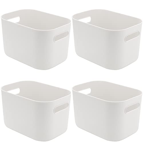 JOIKIT 4 Pack White Storage Bins with Handles, White Bathroom Kitchen Organizer Bin, White Plastic Vanity Storage Bins for Hand Soap, Body Washes, Towels, Shampoos, Lotions, Bath Balls, 10x7x6.3 Inch - size: 4PCS with Handles