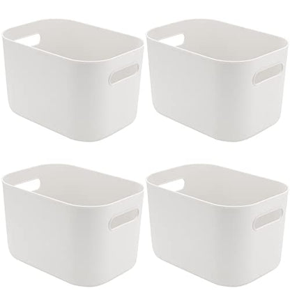 JOIKIT 4 Pack White Storage Bins with Handles, White Bathroom Kitchen Organizer Bin, White Plastic Vanity Storage Bins for Hand Soap, Body Washes, Towels, Shampoos, Lotions, Bath Balls, 10x7x6.3 Inch - size: 4PCS with Handles