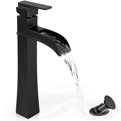Vessel Sink Faucet Black, 12 Inch Waterfall Tall Bathroom Faucet One Hole with Pop-Up Drain & Pre-Installed Hoses, Single Handle for Bathroom Sink Bowl Deck Mount, Modern, Brass Material - color: Matte Black - Elegant