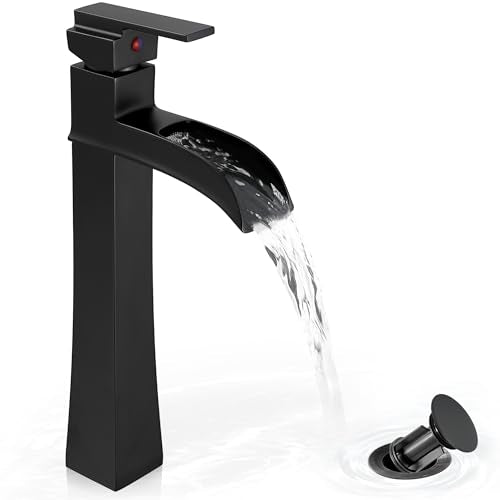 Vessel Sink Faucet Black, 12 Inch Waterfall Tall Bathroom Faucet One Hole with Pop-Up Drain & Pre-Installed Hoses, Single Handle for Bathroom Sink Bowl Deck Mount, Modern, Brass Material - color: Matte Black - Elegant