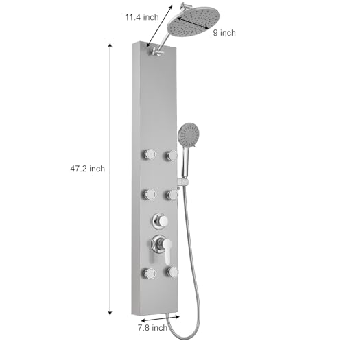 Rainfall Shower Tower Shower Panel System, Round Head,Stainless Steel with 6 Body Jets Massage, 3 IN 1 Bathroom Shower Wall Mount, Brushed Nickel and Chrome - color: Brushed Nickel with Chrome