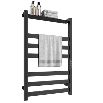 Towel Warmer 6 Bars with Shelf, Stainless Steel Towel Warmer Rack | for Bathroom, Wall Mounted Towel Heater with Intelligent Touch Screen Timer, Hard Wired/Plug-in, Black - size: 6 Bars with Shelf
