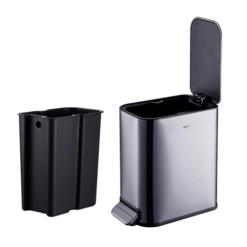 RED FACTOR Slim 1.3 Gallon Stainless Steel Pedal Trash Can with Soft Close Lid for Narrow Spaces – Small Wastebasket Bin with Removable Inner Bucket (Metallic Grey) - color: Metallic Gray