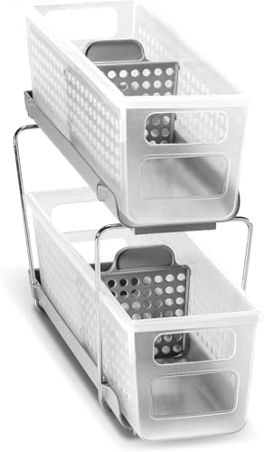 madesmart Mini 2-Tier Organizer, Multi-Purpose Slide-Out Storage with Handles and Dividers for Home and Bath, Frost | pull out bins, adjustable dividers, tiered access, cleaning supplies, under sink use, pantry bottles, woman owned - color: Grey