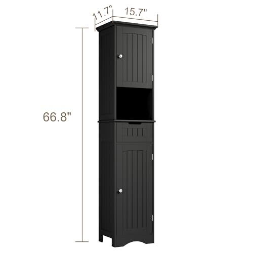 ChooChoo 67" Tall Bathroom Storage Cabinet, Narrow Bathroom Cabinet with 2 Doors and 1 Drawers, Freestanding Cupboard Floor Cabinet with Adjustable Shelves for Living Room, Kitchen, Black