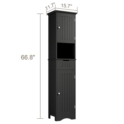 ChooChoo 67" Tall Bathroom Storage Cabinet, Narrow Bathroom Cabinet with 2 Doors and 1 Drawers, Freestanding Cupboard Floor Cabinet with Adjustable Shelves for Living Room, Kitchen, Black