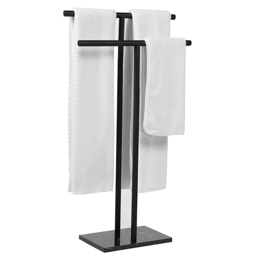 Free Standing Towel Rack for Bathroom - Matte Black Finish - Stand Alone 2 Tier Stainless Steel Towel Rack for Bathroom Floor with Heavy Marble Base - Double T Shape Drying Stand for Towels - color: Matte Black