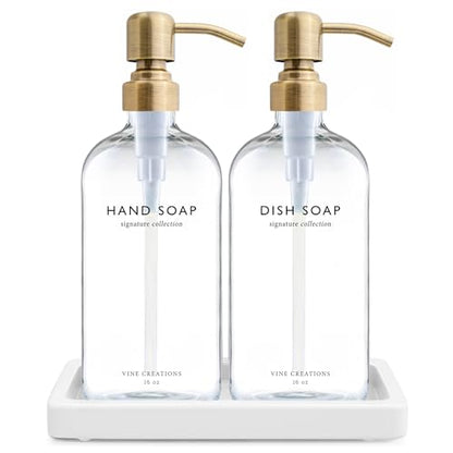 Vine Creations Glass Soap Dispenser Set, Kitchen Soap Dispenser Set with Ceramic Tray, 16 oz Dish Soap and Hand Soap Dispensers with Stainless Steel Pump Decor (Clear Bottle/Brushed Brass) - color: Clear Bottle / Brushed Brass Pump