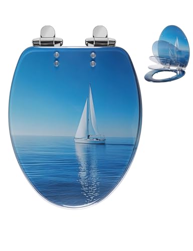Angol Shiold ELONGATED Resin Soft Close Toilet Seat Sailboat 18.5Inch | Quick Release Heavy Duty Acrylic Decorative Toilet Seats Easy to Install&Clean (Blue Sailboat ) - color: Oceanic Sailer