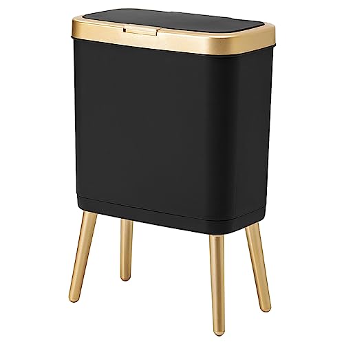 Procade Office Trash Can with Lid, Black Bathroom Trash Can with Gold Edge, Modern Narrow Garbage Can with Legs, Slim Plastic Trash Bin for Bedroom, Living Room,Kitchen,Toilet, 4 Gallon - color: Black