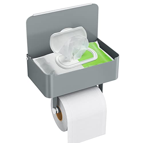 JUYSON Toilet Paper Holder, Toilet Paper Holder with Shelf, Grey | Wall Mount, SUS304 Stainless Steel, Flushable Wipes Dispenser, Easy Installation, for Bathroom Wipe Storage - color: Grey