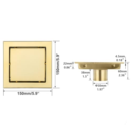 RANDOM Brushed Gold Shower Drain Square 6 inch SUS304 Stainless Steel Shower Floor Drain with Hair Strainer Tile Insert Shower Drain Cover - color: D-brushed Gold-6″ Square