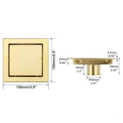 RANDOM Brushed Gold Shower Drain Square 6 inch SUS304 Stainless Steel Shower Floor Drain with Hair Strainer Tile Insert Shower Drain Cover - color: D-brushed Gold-6″ Square