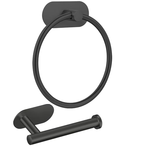 Self Adhesive Towel Ring and Toilet Paper Holder, No Drilling Stainless Steel Bathroom Hardware Set, Sturdy Bathroom Accessories for Home or Kitchen, Wall Mounted (Black) - color: Black