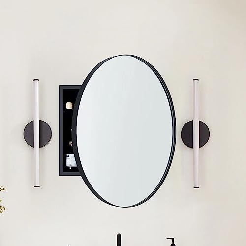 Surface Mount Black Round Circle Bathroom Medicine Cabinet with Mirror Circlular Shaped Stainless Steel Metal Framed Medicine Cabinets Bathroom Cabinet with Mirror 24'' Diameter - color: Matt Black, size: 24'' Dia