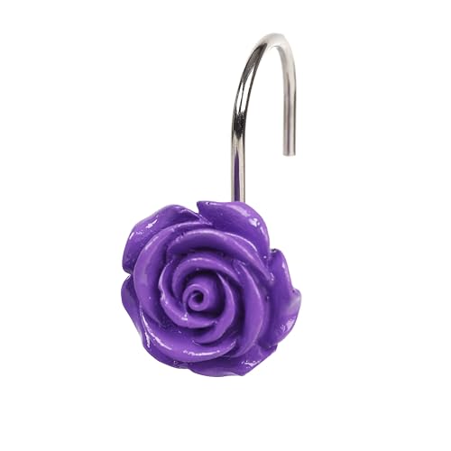 Twofish Home Purple Rose Flower Shower Curtain Hooks Anti Rust Shower Curtain Hooks Decorative Resin Purple Rose Flower Shower Curtain Rings Set of 12 - color: Purple Rose