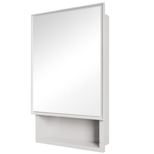 Plastic Medicine Cabinet with Mirror 16x26 inch, Recessed Medicine Cabinet or Surface Wall Mount Bathroom Cabinets with Removable Shelves, White Framed Mirror Cabinet - style: CS5003-1626