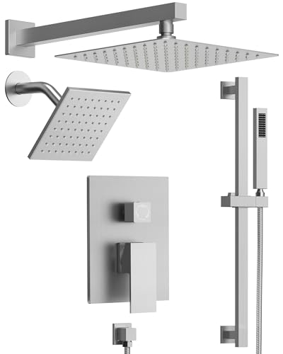 Shower Faucet Set, 10" & 6" Dual Rainfall Shower Heads System for Wall Mount with Slide Bar & Handheld Sprayer, Brushed Nickel - color: Brushed Nickel