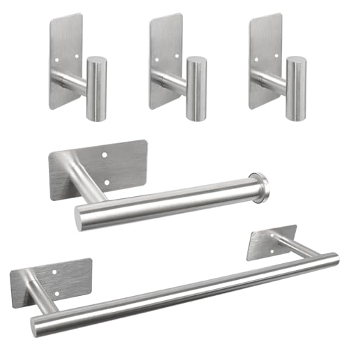 5 PCS Self Adhesive Bathroom Hardware Set,Stainless Steel Towel Rack Set Include 16In Bath Towel Bar+Toilet Paper Holder+3 Towel/Robe Hooks Wall Mounted Bathroom Accessory Kit(Brushed Nickel) - color: Brushed Nickel, size: 16 In-5 Pcs