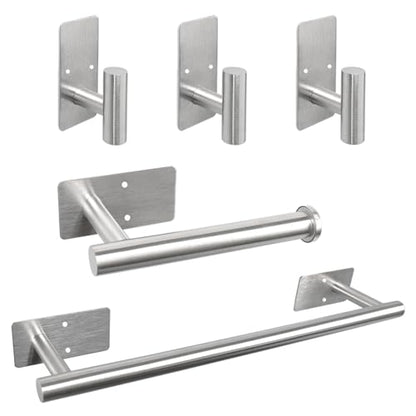 5 PCS Self Adhesive Bathroom Hardware Set,Stainless Steel Towel Rack Set Include 16In Bath Towel Bar+Toilet Paper Holder+3 Towel/Robe Hooks Wall Mounted Bathroom Accessory Kit(Brushed Nickel) - color: Brushed Nickel, size: 16 In-5 Pcs