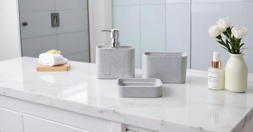 Hymmah Marble Pattern Bathroom Accessories Set, Toothbrush Holdr Set, 3 Pieces Resin Bathroom Set with Toothbrush Holder, Soap Dispenser, Soap Dish,Tumbler(Grey) - color: Grey