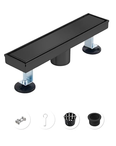 12 Inch Matte Black Linear Shower Drain | CUPC Certified 2-in-1 Tile Insert for Curbless Showers. 304 Steel, 15.8GPM Flow. Includes Hair Catcher & Adjustable Feet. - color: Matte Black, size: 12in