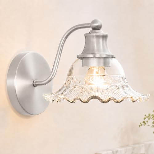 Brushed Nickel Bathroom Wall Sconce Vintage Style, E26 Easy Mounted | Vanity Light with Flower Glass Shade, Bathroom Wall Lighting Fixture Beside Mirror, Easy Mounted for Bedroom, Hallway - color: Nickel, size: 1 light - B