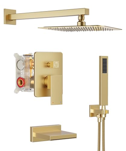 Gold Tub Shower System with 10" Rain Head, Handheld & Valve Kit | All-Metal Tub Shower Faucet Set, Wall Mounted Rain Showerhead, Handheld Spray, Includes Valve and Trim Kit, Brushed Gold - color: Brushed Gold 10