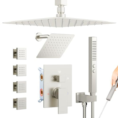 Shower System with Body Jets, Bostingner Four Modes Shower Faucet Sets with Handheld Spray 2 Ways, 4Pcs Shower Body Jets in Wall,10"+6" Rain Shower Head,Brushed Nickel Shower Sets Complete - color: Brushed Nickel, size: 6+10 inch