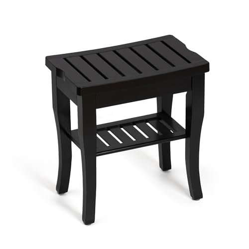 Bamboo Shower Bench, Spa Small Shower Stool for Inside Shower Waterproof, Bathroom Bench Seat with Storage Shelf for Adults Elderly Seniors, Wood Chair for Indoor or Outdoor Use, Black - color: Black