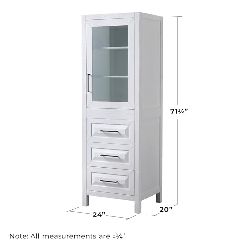 Wyndham Collection Daria Linen Tower in White with Matte Black Trim, Shelved Cabinet Storage, and 3 Drawers