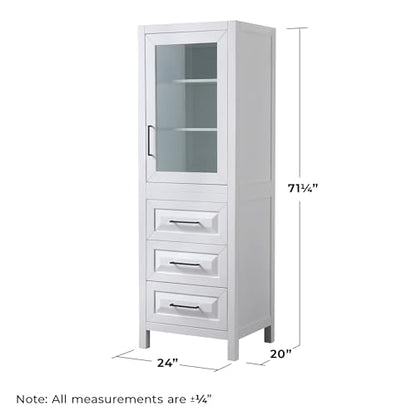 Wyndham Collection Daria Linen Tower in White with Matte Black Trim, Shelved Cabinet Storage, and 3 Drawers